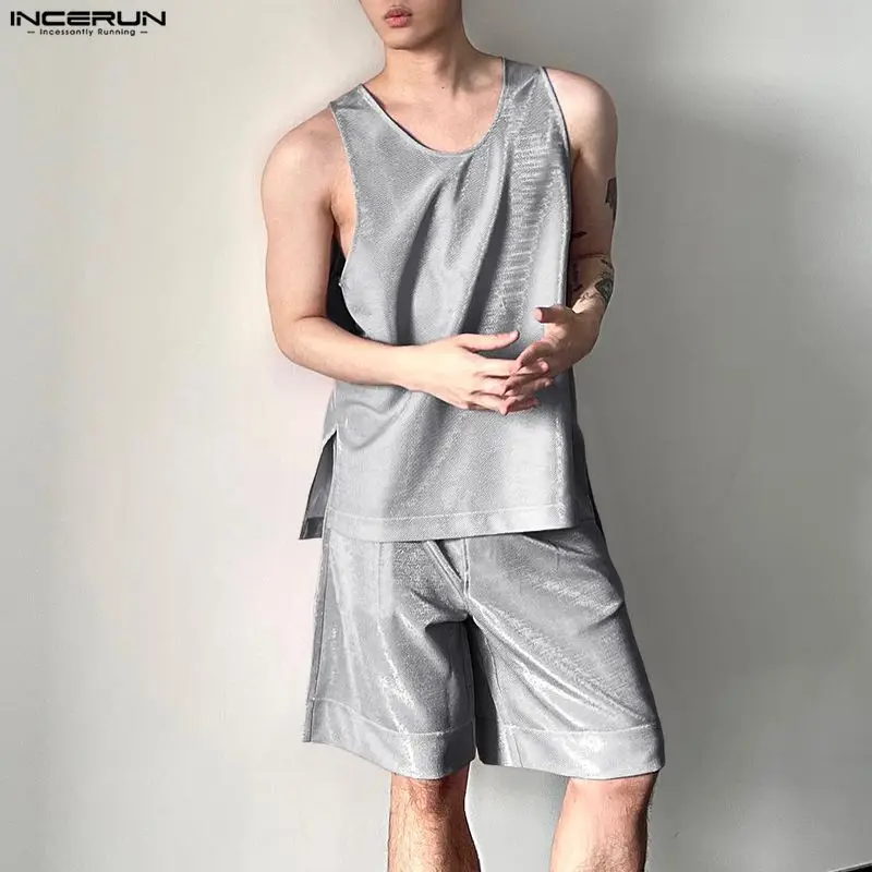 Men'S Fashion For Summer - INCERUN Heren Sets Glanzend Effen O-hals