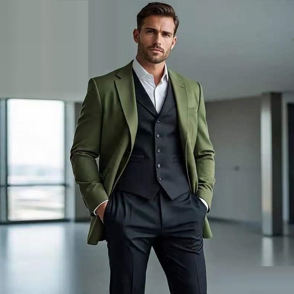 Men'S Fashion Zipper Jacket - Modieuze, legergroene en zwarte, formele herenpakken